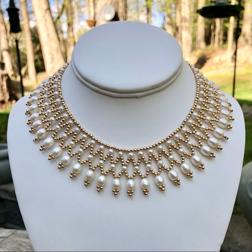 NWT Gold Beaded Pearl Collar Necklace Wedding Bridal Jewelry